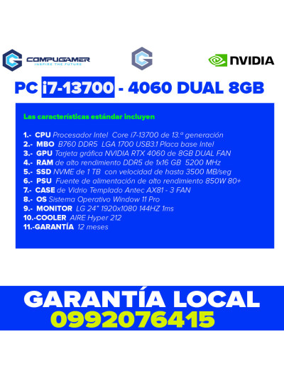 PC i7-13700 - B760m - 16GB DDR5 *1TB* - INTEL, RTX4060 8GB Monitor 24"